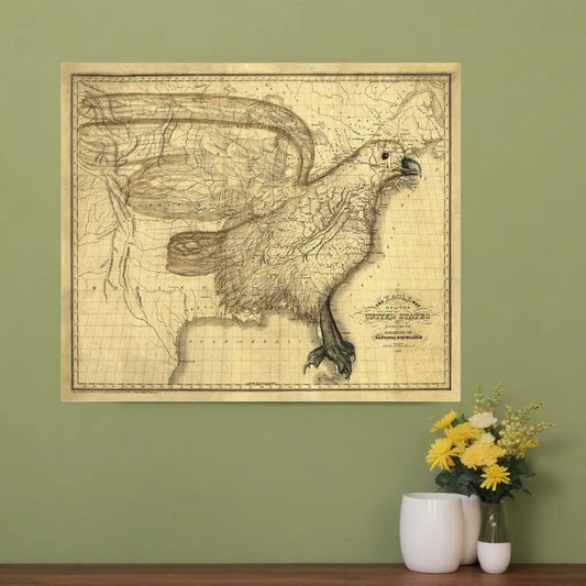 20" X 24" Eagle Map Of America C1833 Vintage  Poster Wall Art - Homeroots