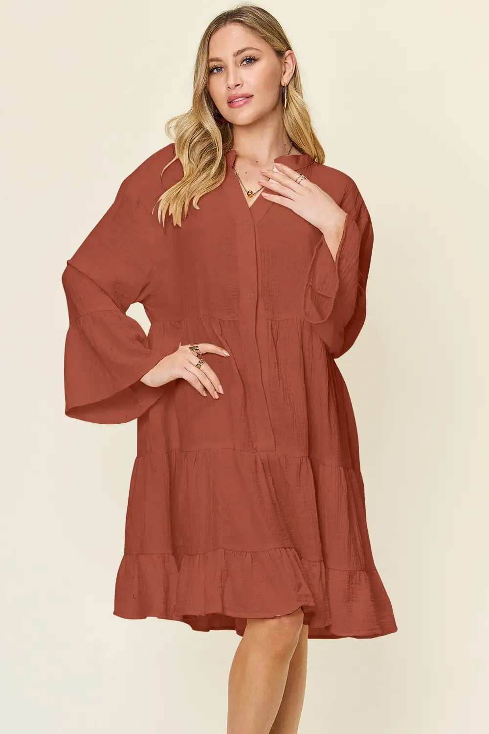 Double Take Full Size Texture Button Up Ruffle Hem Dress - Trendsi - Flyclothing LLC