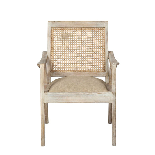28" Cream And Natural Fabric Distressed Arm Chair - Homeroots