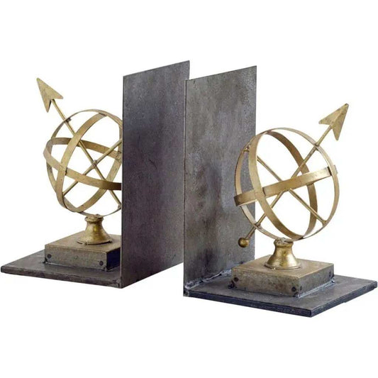 Set of Two Gold Metal Sphere Compass Decorative Bookends - Homeroots - Flyclothing LLC