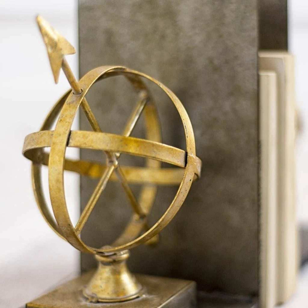 Set of Two Gold Metal Sphere Compass Decorative Bookends - Homeroots - Flyclothing LLC