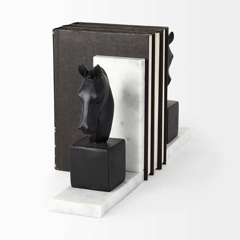 Black Stallion On White Marble Bookends - Homeroots - Flyclothing LLC