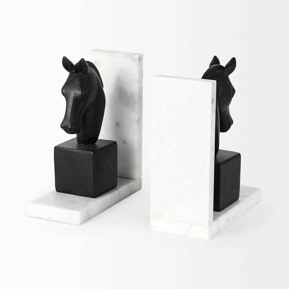 Black Stallion On White Marble Bookends - Homeroots - Flyclothing LLC