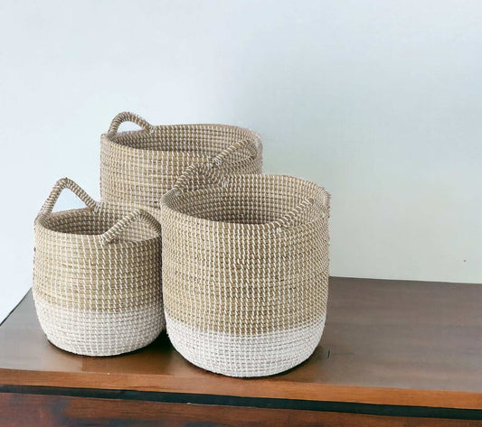 Set Of Three Beige And White Storage Baskets - Homeroots - Flyclothing LLC