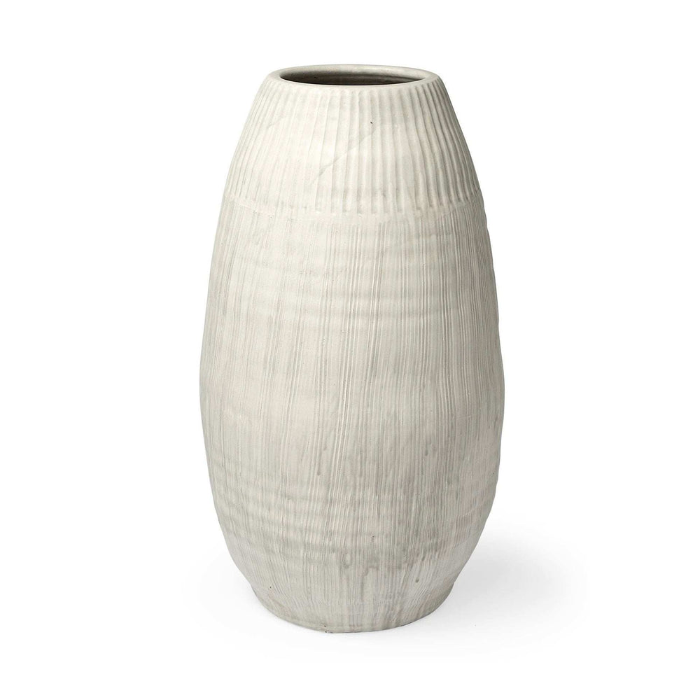 White Embossed Stripes Ceramic Vase - Homeroots - Flyclothing LLC