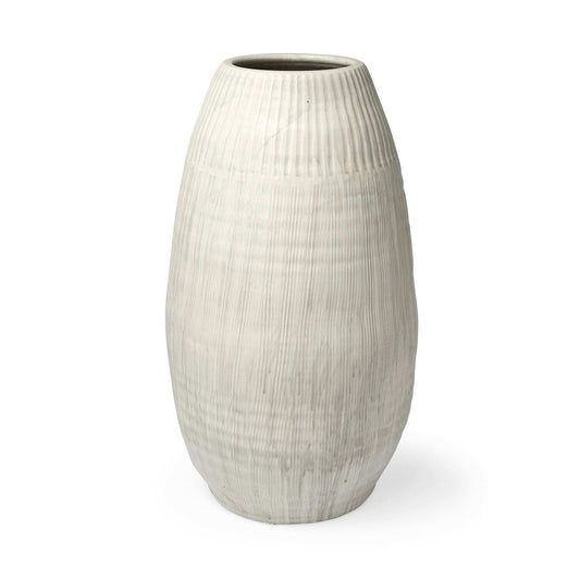 White Embossed Stripes Ceramic Vase - Homeroots - Flyclothing LLC