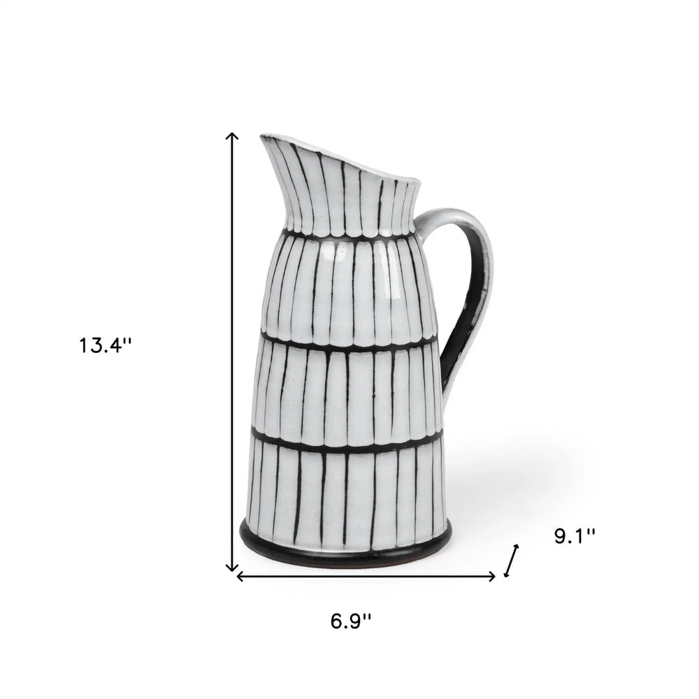 13" White And Black Artisan Glaze Ceramic Pitcher - Homeroots - Flyclothing LLC