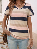 Devine Color Block V-Neck Short Sleeve Knit Top - Trendsi - Flyclothing LLC