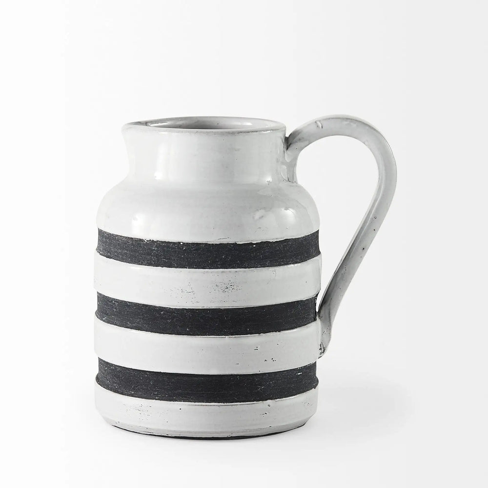 7" Rustic White And Blue Stripe Ceramic Jug - Homeroots