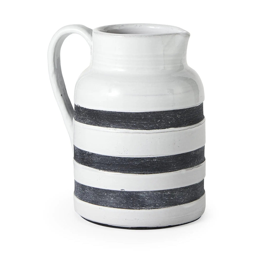 9" Rustic White And Blue Stripe Ceramic Jug - Homeroots - Flyclothing LLC