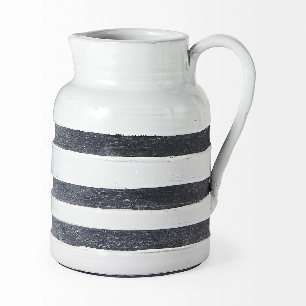 9" Rustic White And Blue Stripe Ceramic Jug - Homeroots - Flyclothing LLC