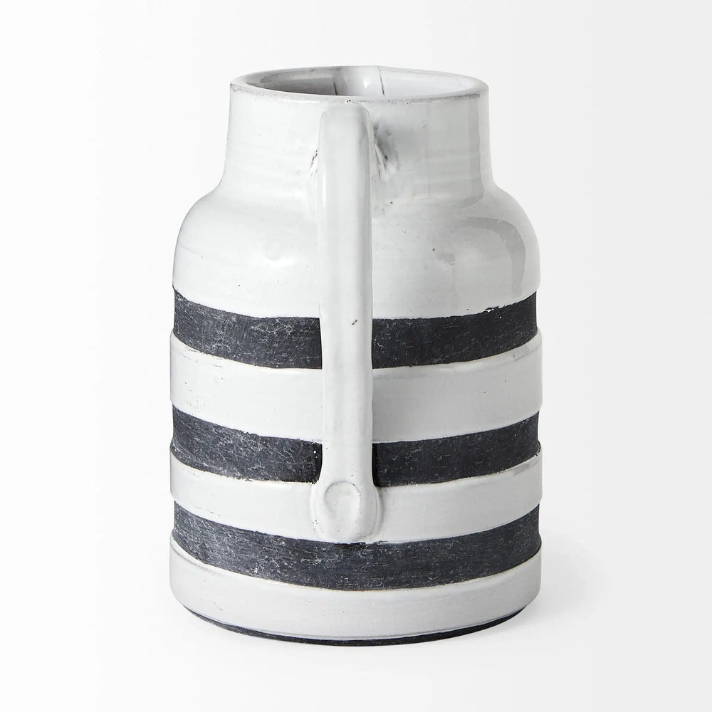 9" Rustic White And Blue Stripe Ceramic Jug - Homeroots - Flyclothing LLC