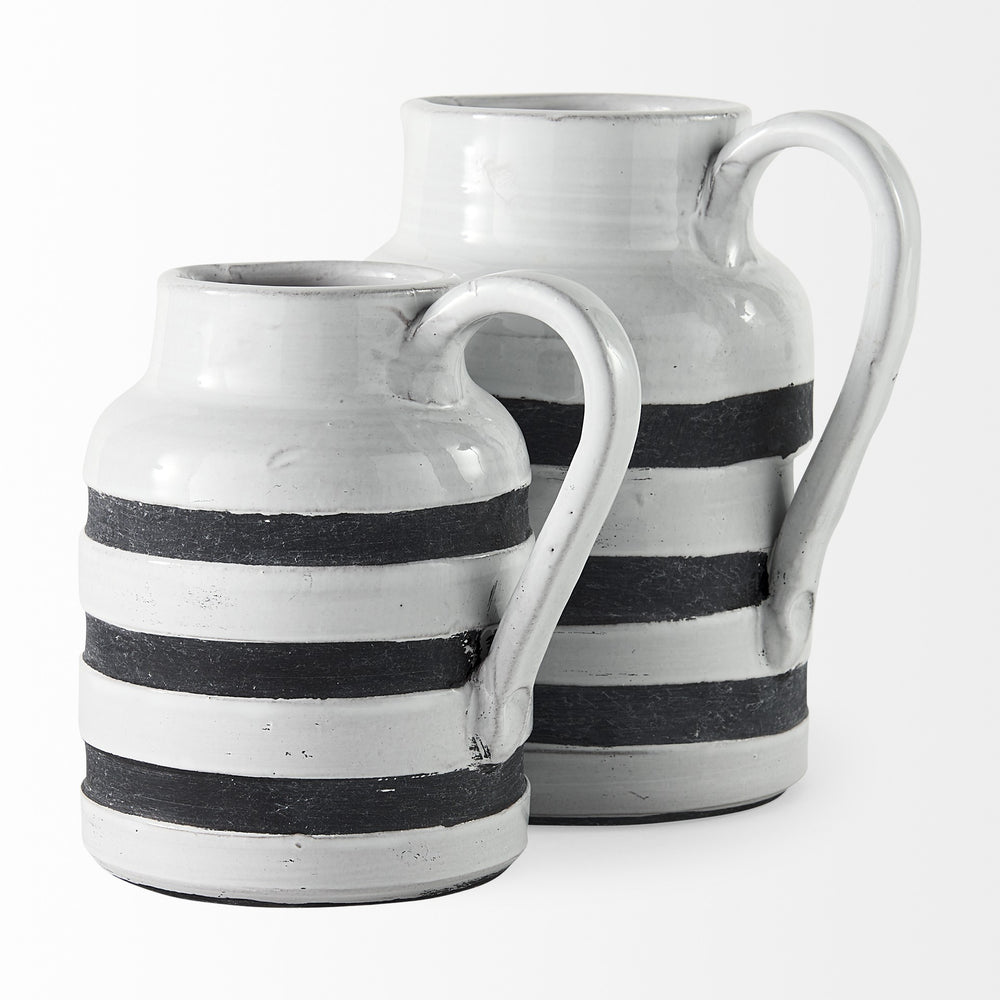 9" Rustic White And Blue Stripe Ceramic Jug - Homeroots - Flyclothing LLC