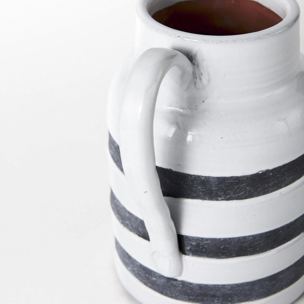 9" Rustic White And Blue Stripe Ceramic Jug - Homeroots - Flyclothing LLC