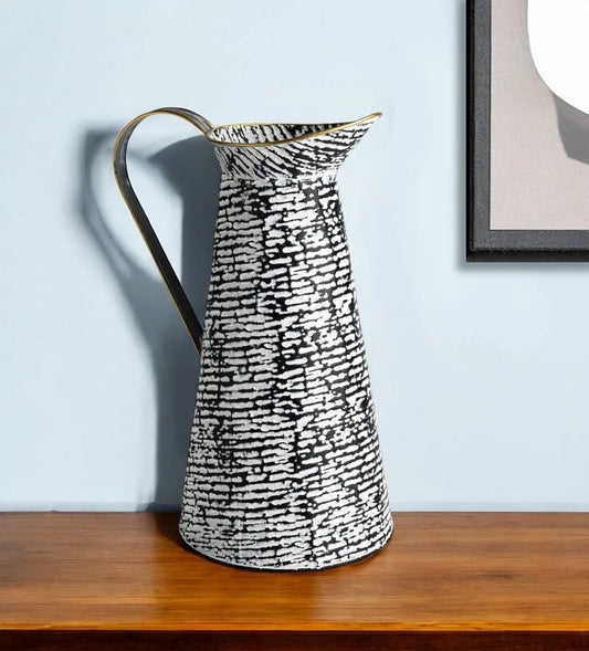 14" Black and White Metal Abstract Cylinder Jug Vase - Homeroots