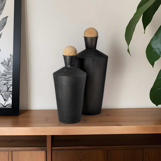 Set of Two Black and Brown Metal Cylindrical Urns - Homeroots - Flyclothing LLC