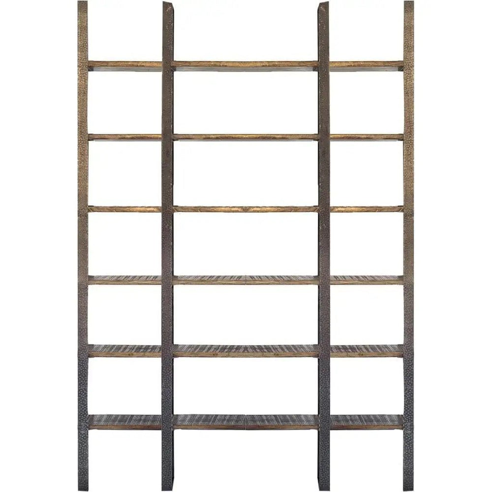 90" Brown Distressed Iron and Solid Wood Six Tier Bookcase - Homeroots