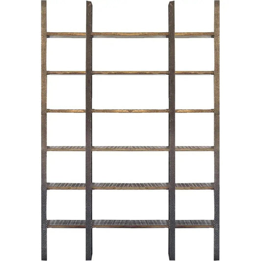 90" Brown Distressed Iron and Solid Wood Six Tier Bookcase - Homeroots