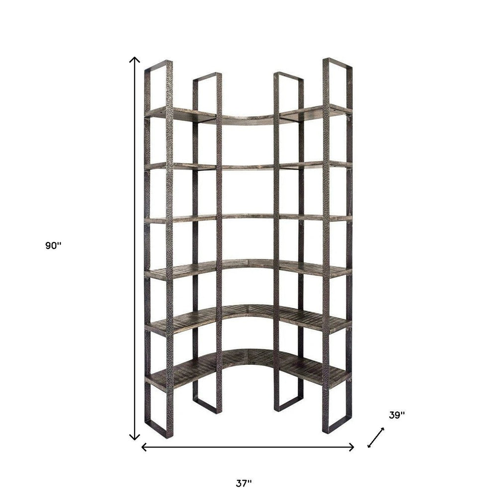 90" Black Iron Frame Curved Wooden Six Tier Shelving - Homeroots