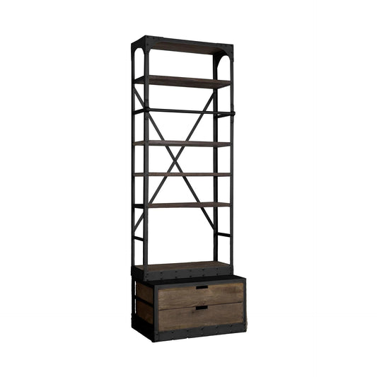 94" Black Distressed Iron and Solid Wood Five Tier Bookcase with Two Drawers - Homeroots