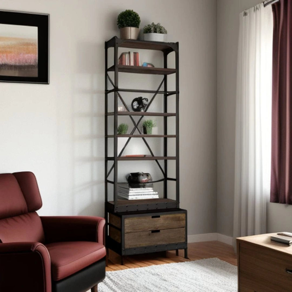 94" Black Distressed Iron and Solid Wood Five Tier Bookcase with Two Drawers - Homeroots