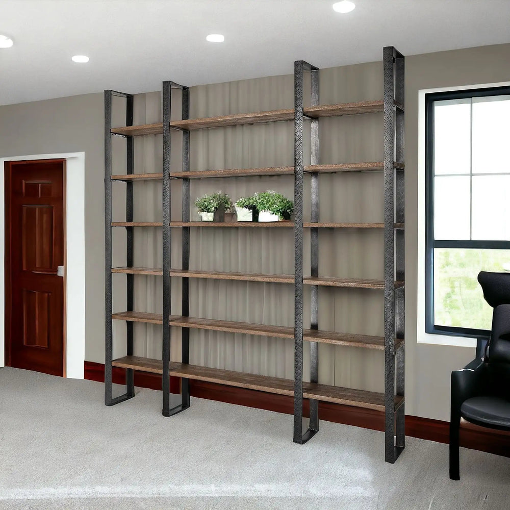 90" Brown Iron and Solid Wood Six Tier Bookcase - Homeroots