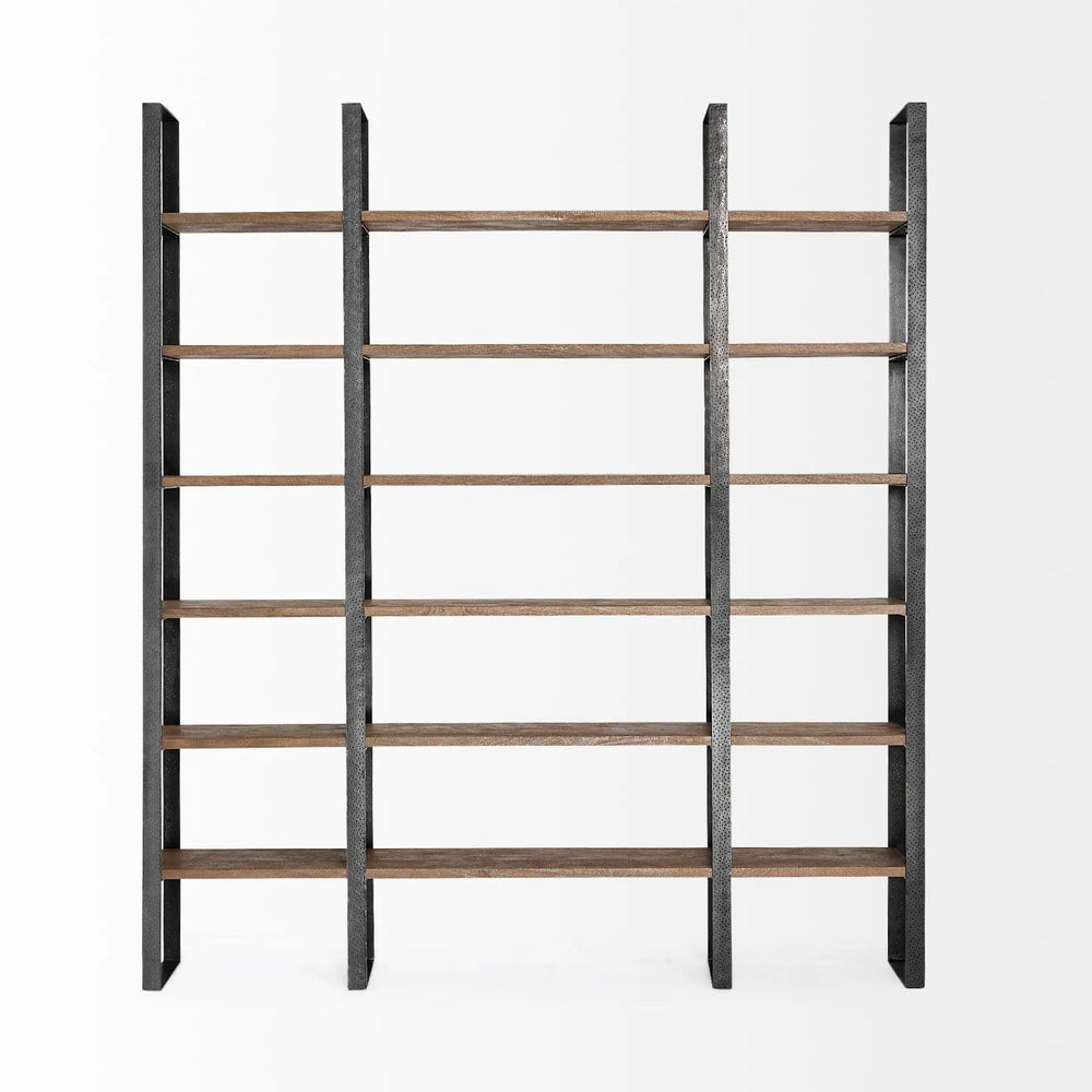 90" Brown Iron and Solid Wood Six Tier Bookcase - Homeroots