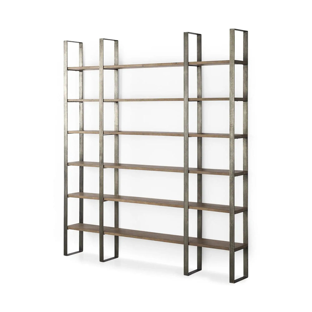 90" Brown Distressed Metal and Solid Wood Six Tier Bookcase - Homeroots - Flyclothing LLC