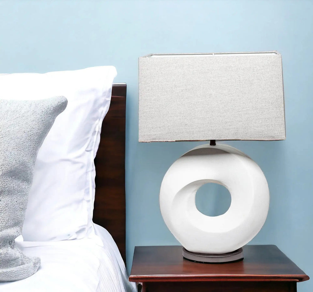 27" White Geometric Table Lamp With Gray Shade - Homeroots