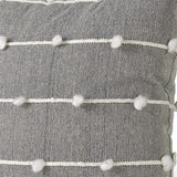 20" Gray and White Striped Linen Throw Pillow Cover With Embroidery and Pom Poms - Homeroots