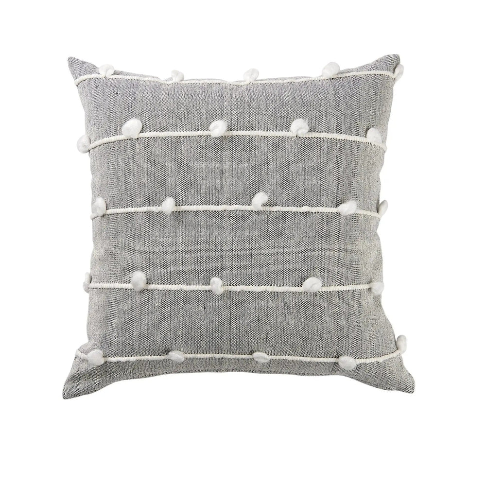 20" Gray and White Striped Linen Throw Pillow Cover With Embroidery and Pom Poms - Homeroots