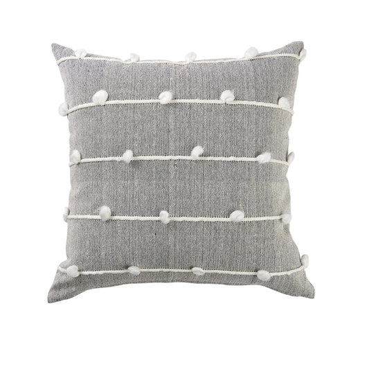 20" Gray and White Striped Linen Throw Pillow Cover With Embroidery and Pom Poms - Homeroots