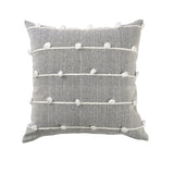 20" Gray and White Striped Linen Throw Pillow Cover With Embroidery and Pom Poms - Homeroots