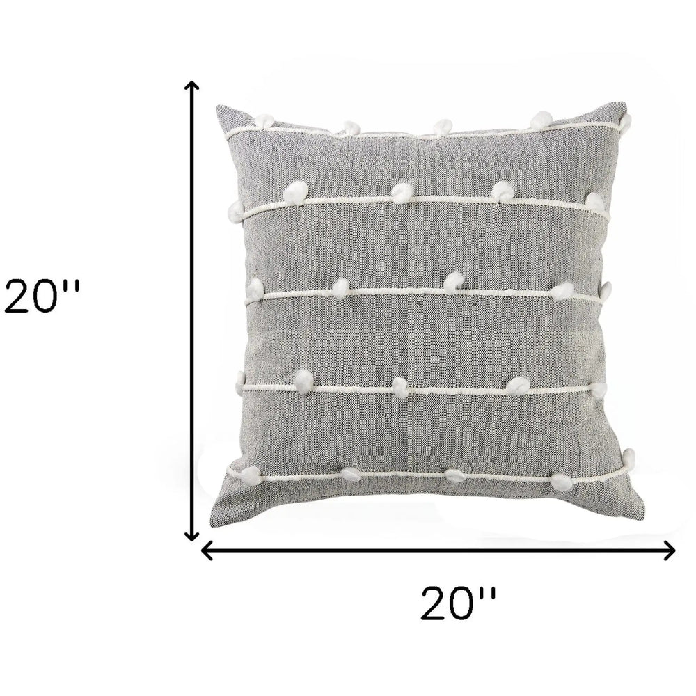 20" Gray and White Striped Linen Throw Pillow Cover With Embroidery and Pom Poms - Homeroots