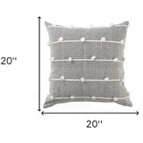 20" Gray and White Striped Linen Throw Pillow Cover With Embroidery and Pom Poms - Homeroots