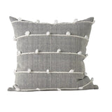 20" Gray and White Striped Linen Throw Pillow Cover With Embroidery and Pom Poms - Homeroots