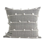 20" Gray and White Striped Linen Throw Pillow Cover With Embroidery and Pom Poms - Homeroots