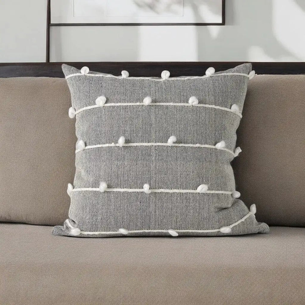 20" Gray and White Striped Linen Throw Pillow Cover With Embroidery and Pom Poms - Homeroots