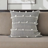 20" Gray and White Striped Linen Throw Pillow Cover With Embroidery and Pom Poms - Homeroots