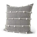 20" Gray and White Striped Linen Throw Pillow Cover With Embroidery and Pom Poms - Homeroots