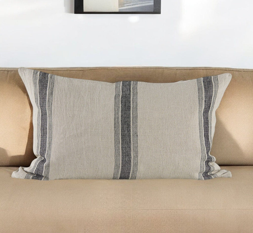 13" X 21" Beige and Black Striped Linen Throw Pillow Cover - Homeroots