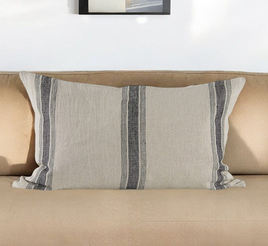13" X 21" Beige and Black Striped Linen Throw Pillow Cover - Homeroots