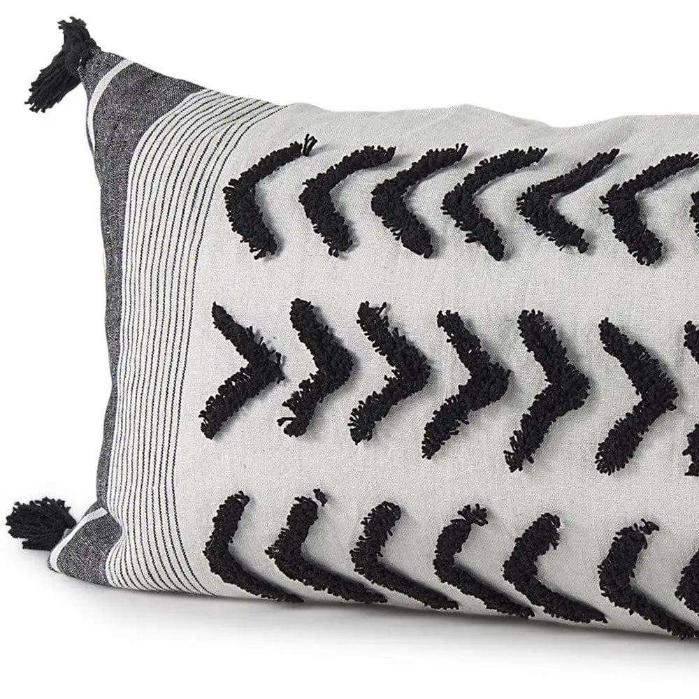 White And Gray Fringed Lumbar Pillow Cover - Homeroots - Flyclothing LLC
