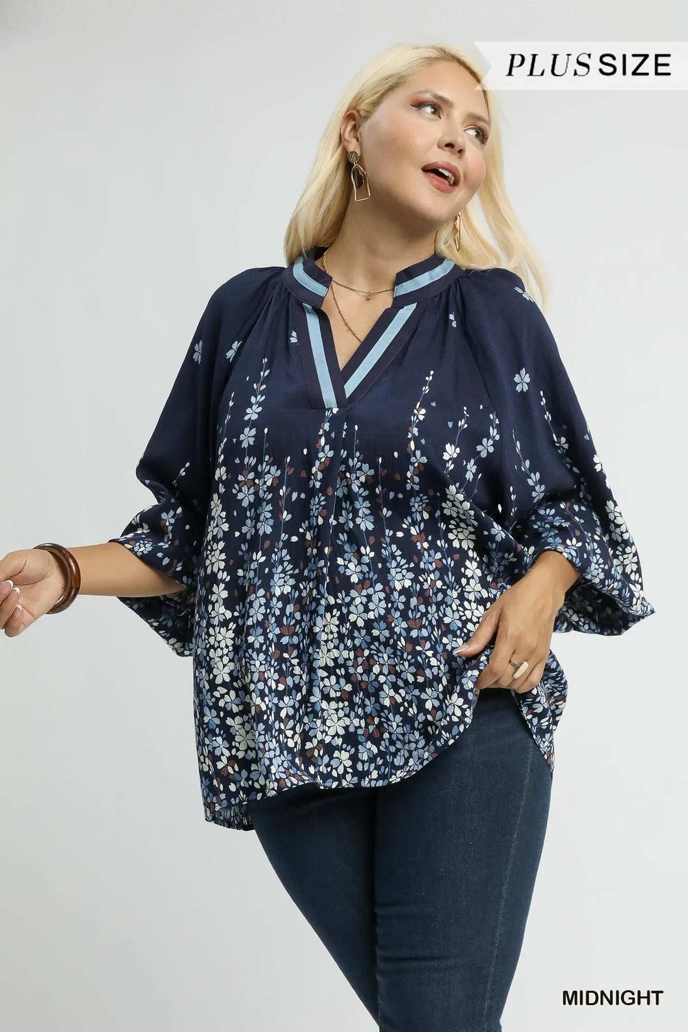 Umgee Full Size Floral Vine Print Blouse with Balloon Sleeves Plus Size - Trendsi - Flyclothing LLC