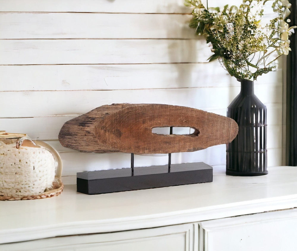 15" Brown and Black Wood and Metal Modern Abstract Tabletop Sculpture - Homeroots