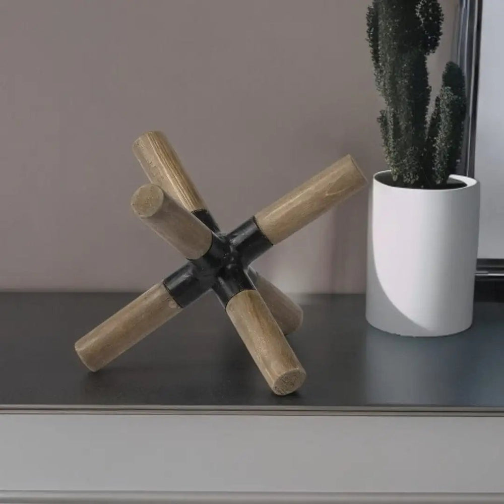 6" Brown Wood and Metal Modern Abstract Tabletop Sculpture - Homeroots