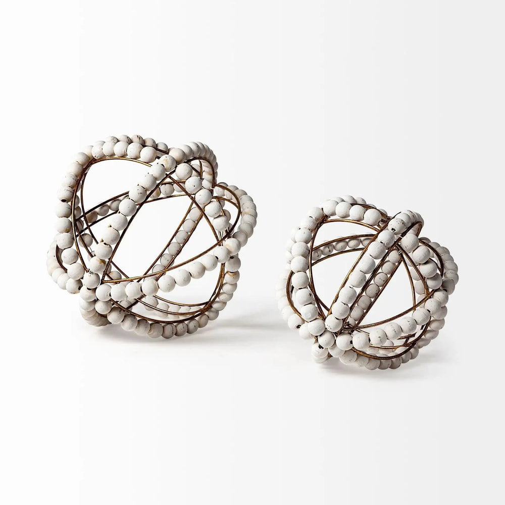 9" White Wooden Bead And Gold Orb Sculpture - Homeroots - Flyclothing LLC