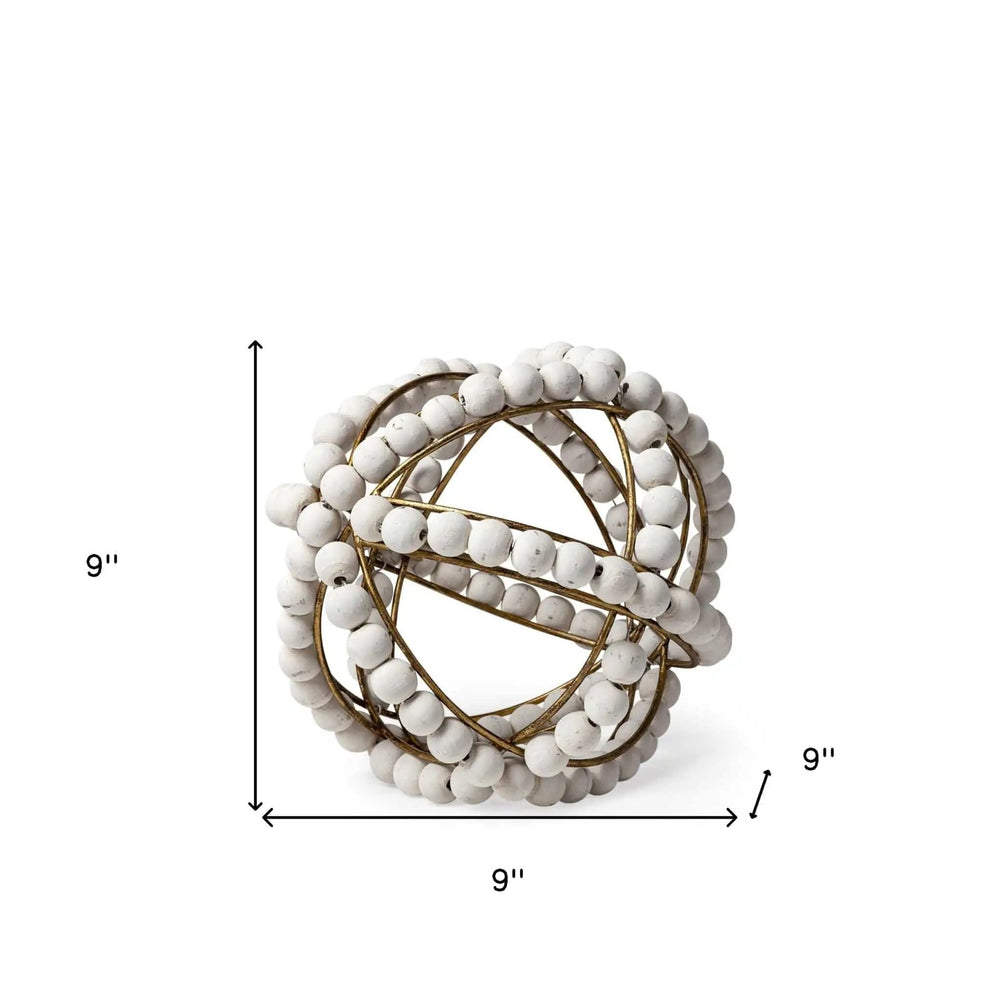 9" White Wooden Bead And Gold Orb Sculpture - Homeroots - Flyclothing LLC