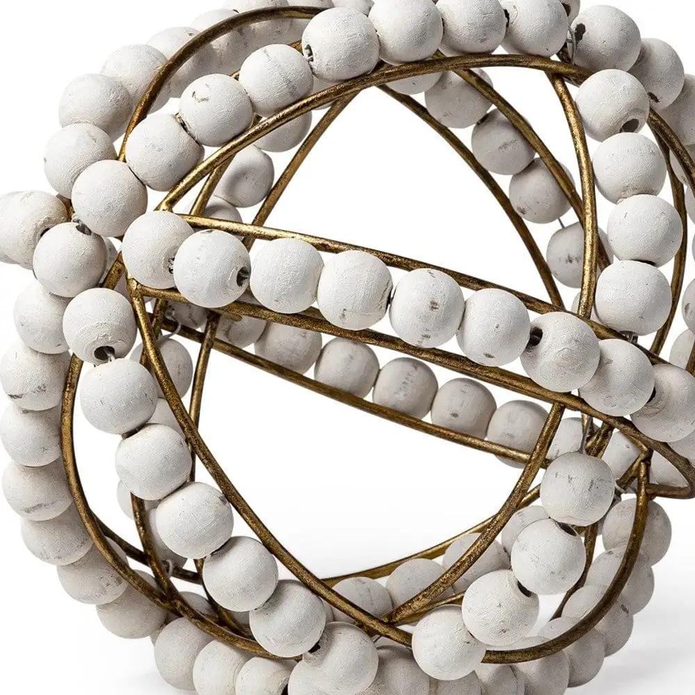 9" White Wooden Bead And Gold Orb Sculpture - Homeroots - Flyclothing LLC