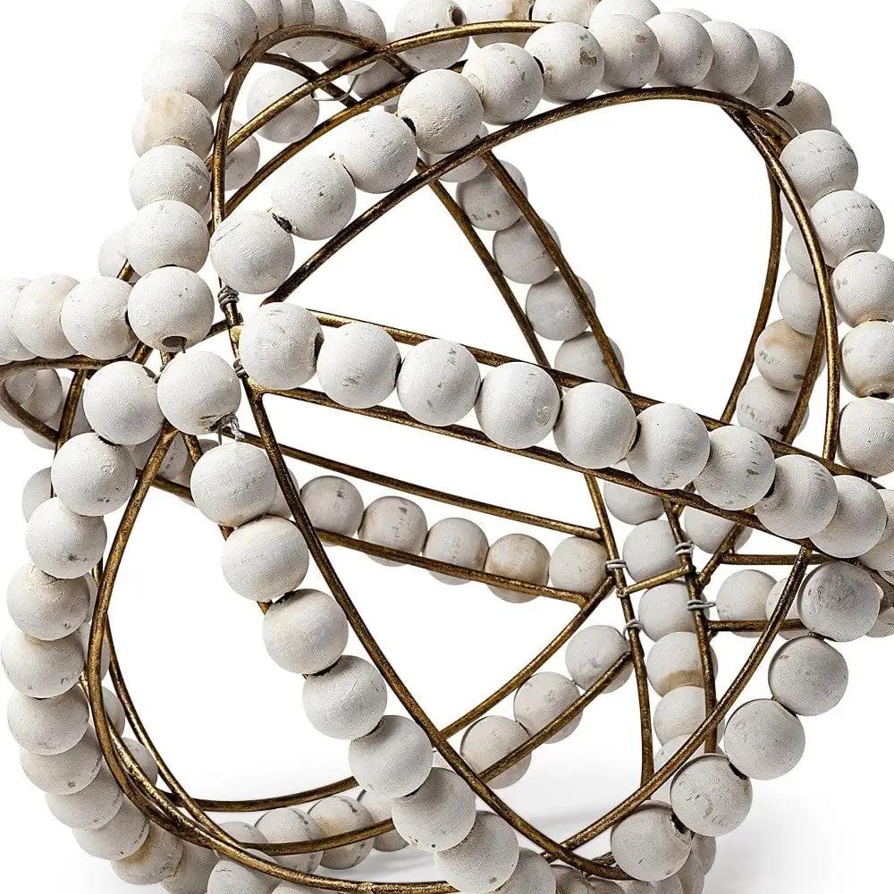11" White Wood Bead And Gold Orb Sculpture - Homeroots - Flyclothing LLC